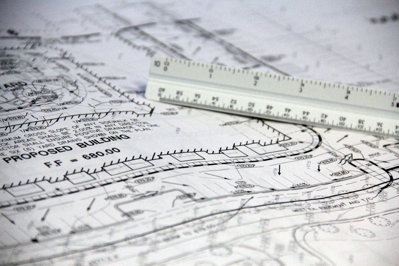 White ruler on architectural blueprint